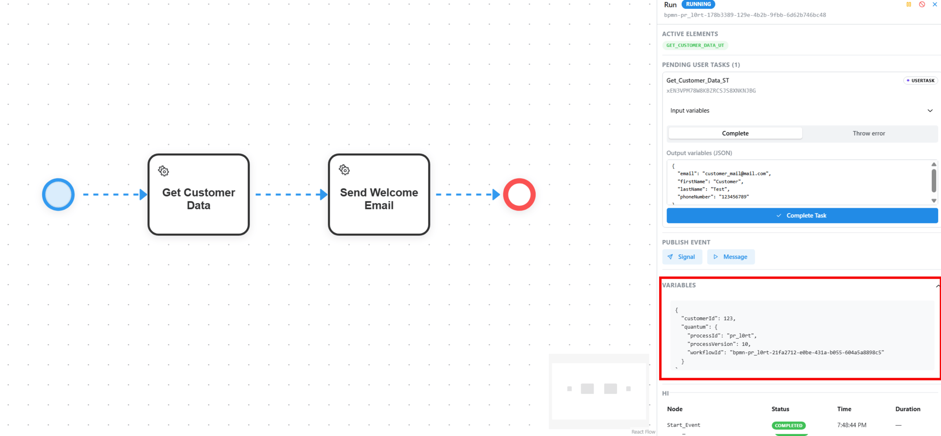 Animation of a token moving from the start event through both tasks to the end event